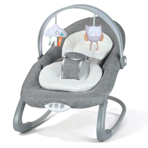 Babywippe, mit Leinen Stühle und Sicherheitsgurten, 0–2 Jahre, Verstellbarer Winkel, Enthält 2 Plüschtiere, Wippe Baby mit Vibration & Musik & Abnehmbarem Spielzeuggeländer, Bis zu 9 KG