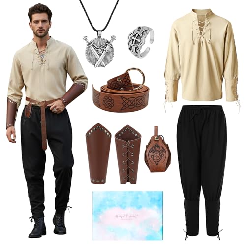 COYBTO Mittelalter Kostüm Herren, Renaissance Mittelalter Kleidung mit Piraten Hemd Hose Armschienen, Faschingskostüme Herren, Ritter Kostüm Wikinger Kostüm für Cosplay Karneval Party (Schwarz, M)