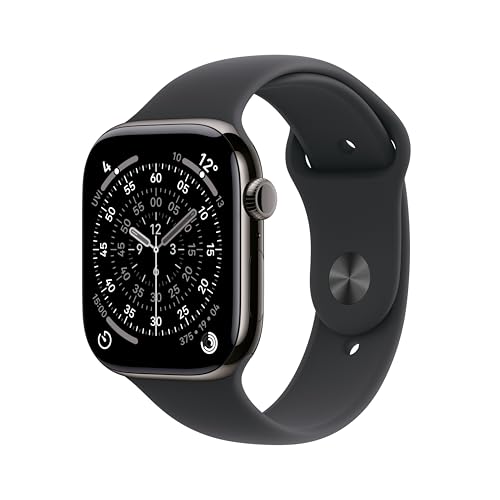 Apple Watch Series 11 GPS + Cellular 46 mm Smartwatch mit Titangehäuse in Schiefer und Sportarmband in Schwarz (M/L), Schlafindex, Fitnesstracker, Gesundheitsüberwachung, Always-On Display