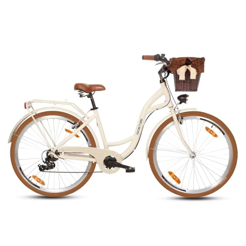 Goetze Mood 28 Zoll Damen Citybike, 18 Zoll Tiefeinsteiger Aluminiumrahmen, 7-Gang Kettenschaltung, doppelte V-Bremsen, LED-Beleuchtung, Rattankorb, Komfortsattel, mit Seitenständer & Klingel