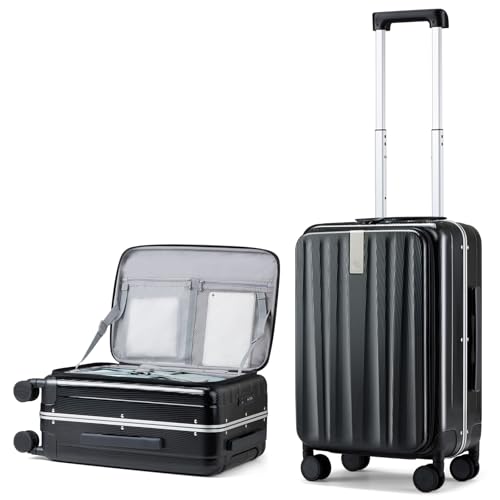 Hanke Handgepäck Koffer PC Hartschalenkoffer mit 360° Spinner Rädern Frontöffnung Reisekoffer Aluminium Koffer mit TSA-Lock 49x35,1x23,5 cm (40L), Schwarz