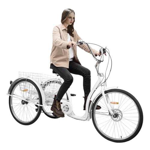 26 Zoll 6-Gang Erwachsene Dreirad mit Einkaufskorb, 120kg Tragfähigkeit für Städte Radwege, 3 Räder Fahrrad Erwachsene Outdoor-Aktivitäten Tricycle Dreirädriges Fahrrad Senioren Städtisches, Weißes