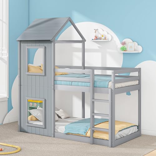 Kinderbett 90x200 Etagenbett für 2 Kinder, Hausbett Hochbett mit Leiter und Baldachin, Baumhausbett Stockbett Kinderhochbett Jugendhochbett mit Rausfallschutz und Lattenrost, Ohne Matratze, Grau