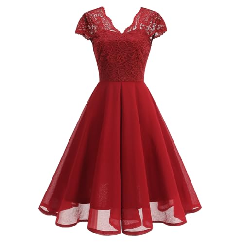 OMEWEE 1950er Vintage Retro Cocktailkleid Damen Elegant Knielang Rockabilly Kleider V-Ausschnitt Chiffon Kurzarm Spitzenkleid A-Line Swing Hochzeit festliches Kleid Kleid Abendkleid Rot M