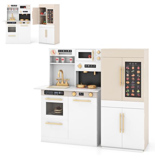 COSTWAY 2-in-1 Kinderküche, Spielküche aus Holz mit Kühlschrank, Herd, Kaffeemaschine & Mikrowelle, Wandposter mit Sprechfunktion, Spielzeugküche mit Licht und Sound, für Kinder ab 3 Jahren