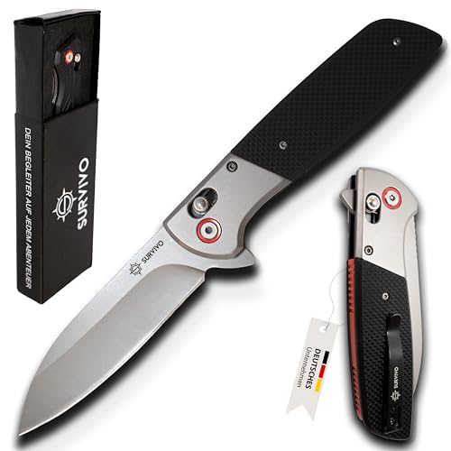 SK1 Klappmesser - Taschenmesser aus D2-Stahl mit Titan-Beschichtung & G10 Griff - Outdoor Einhandmesser für Survival, EDC, Alltag & Abenteuer (G10 Metall/Schwarz)