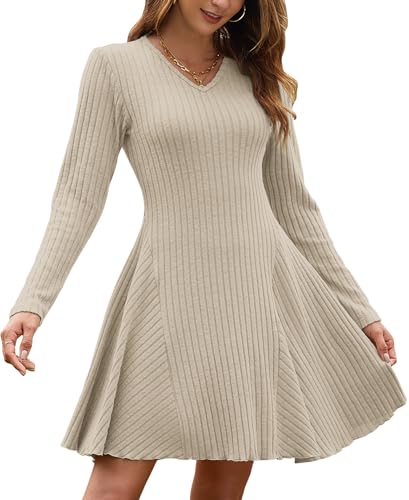 AUSELILY Herbstkleid Damen Leichte Strickkleid A Linie Langarm Kleid Herbst V Ausschnitt Winterkleid Elegant Pulloverkleid Aprikose M