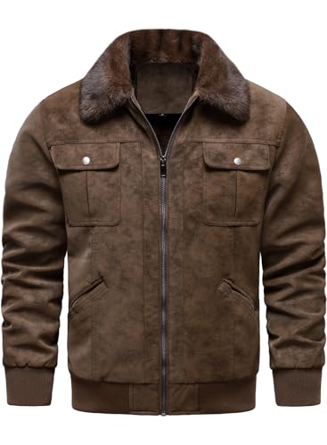 HOOD CREW Herren Kunstleder Bomberjacke Vintage Lederjacke mit Pelzkragen Lässige Fleece Winterjacke Braun L