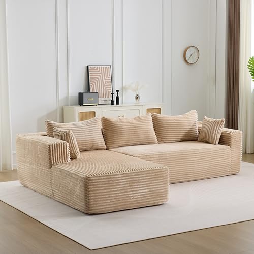 EINHOM Ecksofa L-Form Sofa mit 3 Kissen, Schlafsofa mit Schlaffunktion, Cord Modularesmit Couch, mit Armlehnen, Kombinierbares, Montagefrei, für Wohnzimmer, 279 x 179 x 82 cm (Beige)