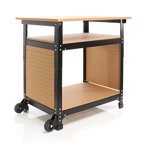 XPOtool Fahrbare Werkbank 69 x 51 x 66-82 cm, höhenverstellbarer Werktisch, Arbeitstisch mit 2 Rollen, 2 Ablagen und seitliche Lochwand