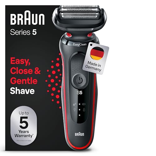 Braun Series 5 Rasierer Herren Elektrisch, Elektrorasierer mit 50 Min. Akku, EasyClean, Rasierapparat, Trockenrasierer, Wet & Dry, Wasserdicht, Made in Germany, 51-R1000s, Rot