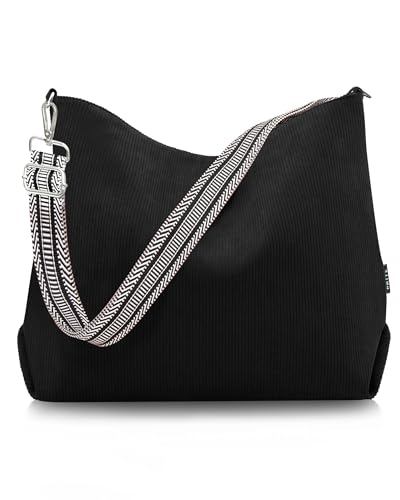 Prite Shopper Tasche Damen Groß Cord Tasche Tote Bag mit Verstellbarem Schultergurt für College Schule Arbeit Reisen Einkaufen（Schwarz）