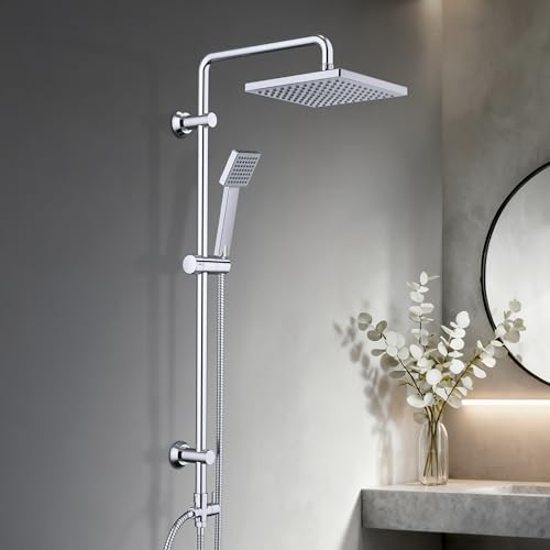 JOHO Edelstahl Regendusche Set, Wassersparend Duschset ohne Armatur, Duschsystem, Überkopfbrause Set, Duschstange mit Kopfbrause 20x20cm