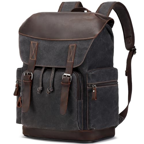 NerIion Nerlion Leder Rucksack für Herren Gewachste Leinwand Laptop Rucksack 17,3 Zoll Rucksack Vintage Reiserucksack, Schwarz, 30L, Leder Rucksack für Herren