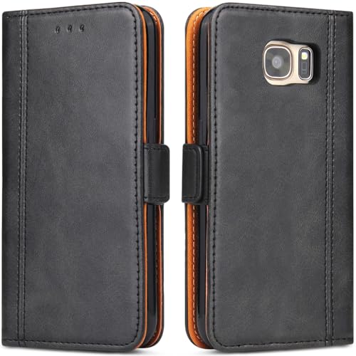 ROJIOJIO Handyhülle für Samsung Galaxy S7 Edge Hülle, Leder Handytasche Kartenfach Klappständer Magnetisch Lederhülle für Samsung Galaxy S7 Edge Klapphülle, Schwarz