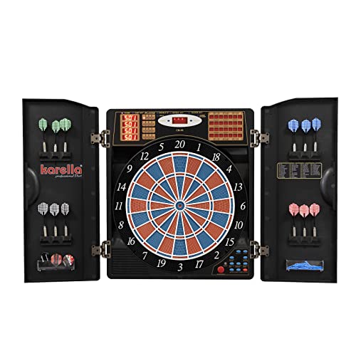 Dartautomat Karella CB-90 im Cabinet, elektronische Dartscheibe mit 38 Spielen und 211 Varianten, exakte Turniermaße in 2-Loch-Ausführung, inkl. 12 Softdarts