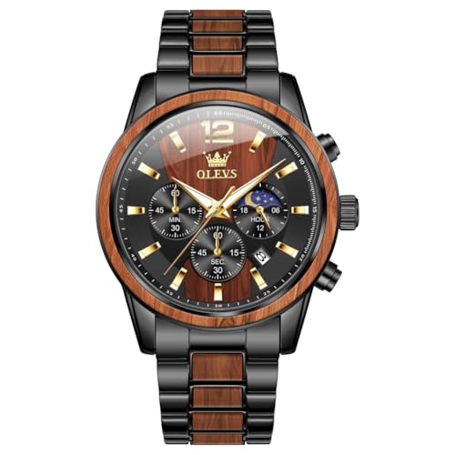 OLEVS Herrenuhr Analog Quarz Holz Armbanduhren Luxus Kleid Chronograph Edelstahl Wasserdicht Leuchtende Uhren Herren Geschenk