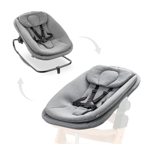 hauck Highchair Bouncer, Dark Grey Melange - 3in1 Babywippe, Schaukel & Hochstuhlaufsatz ab Geburt bis 15 kg, Ergonomische Liegefläche, 5-Punkt-Gurt, inkl. Adapter für Alpha+ & Beta+ Hochstuhl