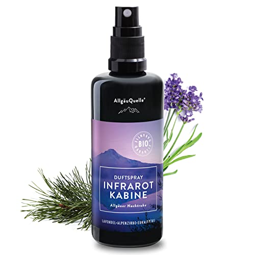AllgäuQuelle® BIO Infrarotkabine Duftspray mit 100% Bio-Öle. Allgäuer Nachtruhe Lavendel Alpenzirbe Eukalyptus (100ml). Natürlicher Infrarotsauna-duft m. ätherische Öle. BIO Infrarotkabinen-Duftöl