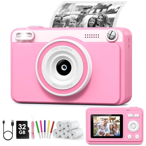 GREENKINDER Sofortbildkamera Kinder, 2.4 Zoll Bildschirm Kinderkamera Sofortbildkamera mit 32GB Speicherkarte & 5 Rollen Druckpapier,1080P Kamera Kinder Sofortdruck, Geschenk für 3-12 Jungen und Mädch