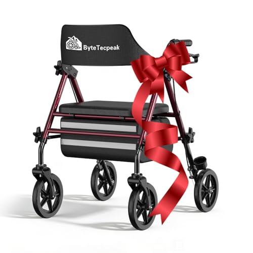 ByteTecpeak R4 Rollator faltbar und leicht mit Sitz, Rollatoren schmal für Wohnung, Rollatoren für Senioren klappbar mit 20 cm Reifen für All-Terrain, Sitz- und Griffhöhe verstellbar