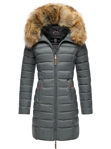 MARIKOO Damen Wintermantel warmer Steppmantel lang mit Kapuze und abnehmbarem Kunstfell-Kragen Rose Stormy Blue Gr. L
