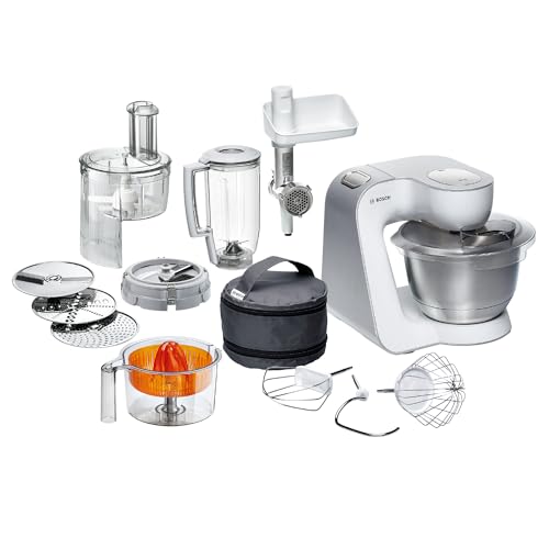 Bosch Küchenmaschine Serie 4, Schüssel 3,9 L, Mixer 1,25 L, Fleischwolf, Zitruspresse, Würfelschneider, Knethaken, Schlag-, Rührbesen, Durchlaufschnitzler, 3 Scheiben, 900 W, Weiß, MUM54251