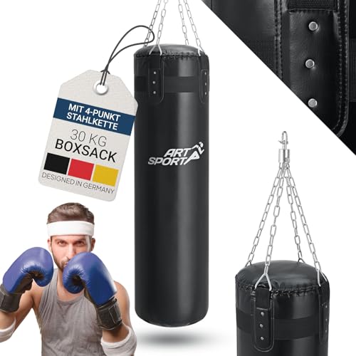 ArtSport Boxsack Set 30 kg gefüllt, Box Set mit 4-Punkt-Stahlkette & Drehwirbel - für Erwachsene, Boxsack hängend 120 cm für Boxen & Kickboxen