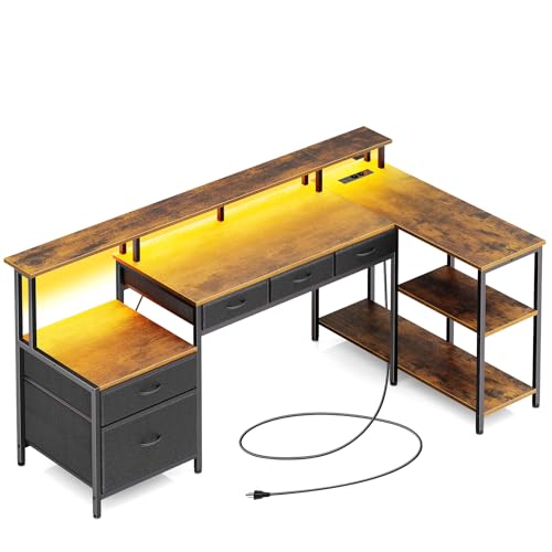 Rolanstar Schreibtisch L Form mit Schubladen, reversibler Gaming Tisch mit Steckdose, LED & Monitorständer 163 cm Computertisch für Büro Arbeitszimmer Schlafzimmer, vintagebraun