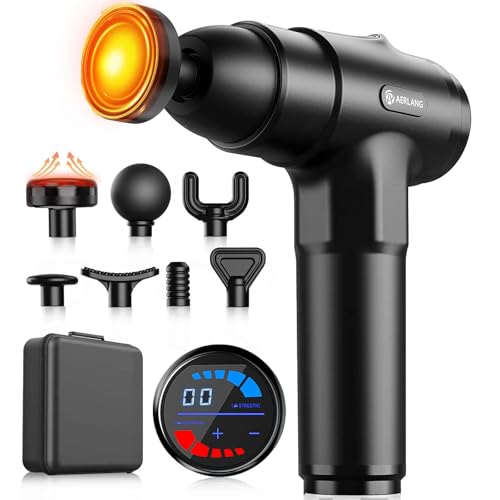 Massagepistole mit Wärmefunktion, AERLANG Massage Pistole Massage Gun, Muskel Massage Gun Massagegerät mit LED Anzeige, Handmassagegeräte Massage Pistole mit 20verstellbaren Stufen&7 Massageköpfen
