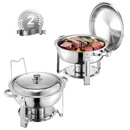 VEVOR Chafing Dish Buffet Speisenwärmer mit 2 Behältern in voller Größe (4,7 L pro), runder Catering-Wärmespender mit Deckel & Brennstoffhalter & Wasserpfanne, für Hochzeiten Partys Silber