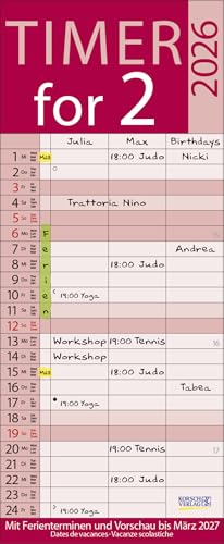 Timer für 2 Lifestyle - Familienplaner 2026 für 2 Personen - Korsch-Verlag - Kalender mit 3 Spalten zum Eintragen - 19 cm x 46 cm