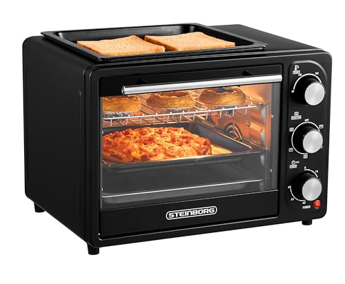 3in1 Mini Backofen 20 Liter mit Konvektion inkl. Warmhalteplatte | 2 Backbleche + Grillrost | Minibackofen | Pizza-Ofen | zuschaltbare Umluft | abnehmbare Grillplatte | 60 min.Timer | 1300W