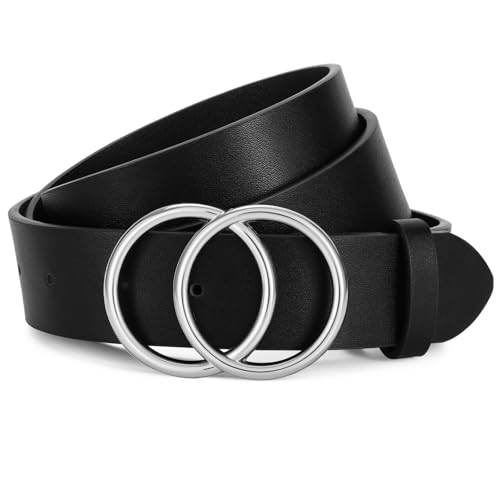 JasGood Damen Ledergürtel Mode Doppel O-Ring Schnalle Gürtel für Jeans Hosen Kleider,Schwarz/Silberne Schnalle,120cm