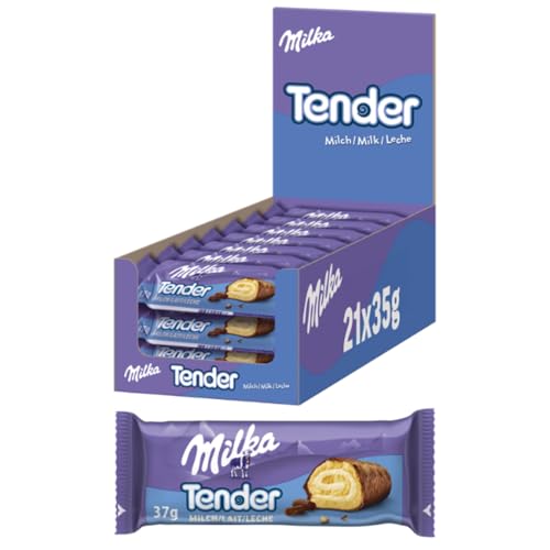 Milka Tender Milch – Biskuit-Rolle mit feiner Milchcrème-Füllung, umhüllt von Alpenmilch-Schokolade – 21 x 37g