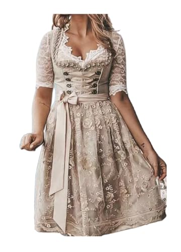 ORANDESIGNE Dirndl Damen midi Trachtenkleid Damen Trachtenrock Trachtenmode Kleid Dirndlbluse für Oktoberfest M U Aprikose