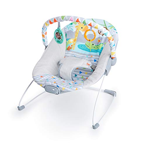 Bright Starts, Babywippe Babyschaukel Safari Fun mit Beruhigenden Vibrationen, Spielbogen mit 2 Spielzeugen, 3-Punkte-Gurt Sitz, Maschinenwaschbares Sitzpolster, ab der Geburt bis 9kg