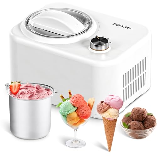 EUHOMY Eismaschine mit Kompressor, Eismaschine Klein, Ice Cream Maker, Selbstkühlend, Softeismaschine für Zuhause, 0.8 L, 100W Kompressor, Weiß, Aluminiumschüssel/Rezeptbuch/Eisportionierer