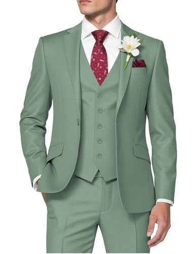 HUUTOE Herrenanzug, 3-teilig, schmale Passform, Abschlussball, Smoking für Herren, Hochzeit, formelle Herrenanzug, einfarbig, Blazer, Jacke, Weste, Hose, Salbeigrün, XX-Large
