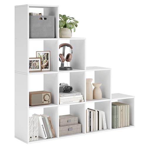 VASAGLE Bücherregal mit 10 Fächern, Regal offen, Stufenregal, Ordnungssystem für Deko, Fotos, Pflanzen, Wohnzimmer, Schlafzimmer, Arbeitszimmer, 29 x 129,5 x 129,5 cm, wolkenweiß LBC10WTV1