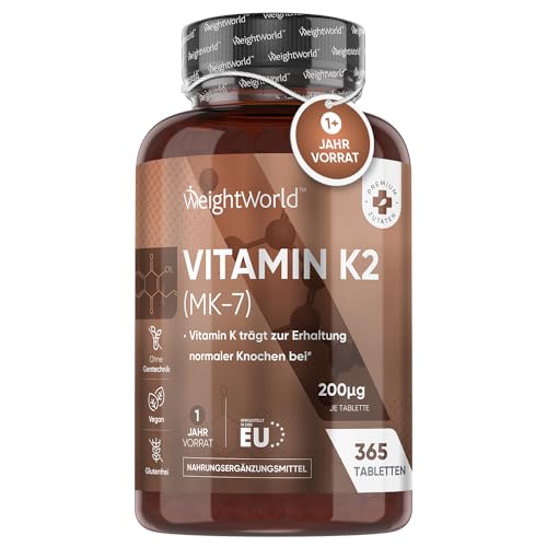 Vitamin K2 MK7-365 Vegane Tabletten - 200µg je Dosis - 99,9% All-Trans Menaquinon - Für Blutgerinnung & Knochen (EFSA) - 1 Jahr Vorrat - Vitamin K Präparate - Alternative zu Tropfen - WeightWorld