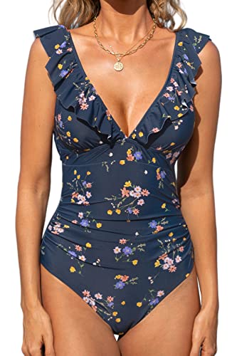 CUPSHE Damen Badeanzug Rüschen V Ausschnitt Bauchweg Raffungen Blumenmuster Einteilige Bademode Swimsuit Denim Blue Floral L
