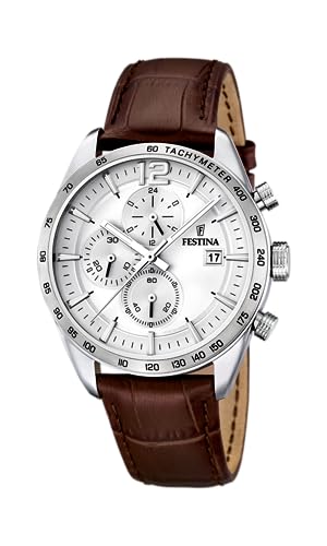 Festina Herren Uhr Analog mit Braunem Lederarmband - Quarzwerk - Chronograph - Kalender - Mineralglas mit hoher Widerstandsfähigkeit - Wasserdicht bis 5 ATM - Elegant F16760/1 Timeless Chronograph