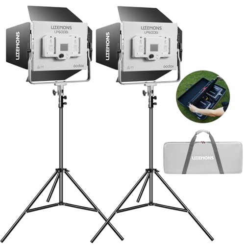 Godox Litemons LP600Bi-K2 Bi-Color LED Light Panel W/APP Control,2 Pcs 60W Studio Photography Lighting W/Barndoor,2800K -6500K,FX Modes/360°Rotatable/CRI 96+ TLCI 96+ with Light Stand,Carry case