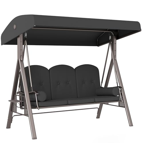 Outsunny Hollywoodschaukel 3-Sitzer Gartenschaukel mit verstellbar Sonnendach Tablett Sitzauflage, Schaukelbank belastbar bis 360kg, für Garten, Terrasse, 121 x 208 x 172cm, Dunkelgrau