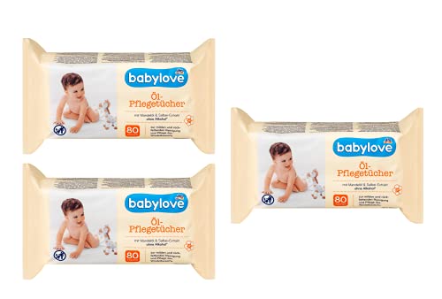Babylove Pflegetücher - Öl-Lotionstücher mit Mandelöl, Salbei-Extrakt, ohne Alkohol - 3er Pack (240 Tücher)