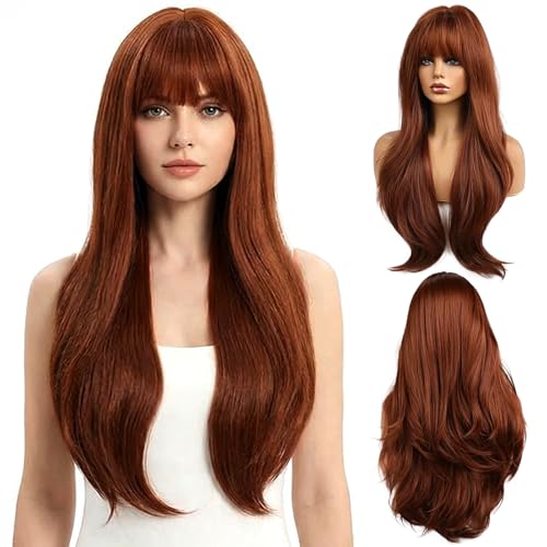HTTDSLF Lange Rotbraune Perücke mit Pony, 66cm Auburn Layered Perücke für Frauen, Geschichtet Lockig, Synthetische Wig für Natürliches Aussehen, Täglich, Cosplay, Fasching, Verabredung und Party