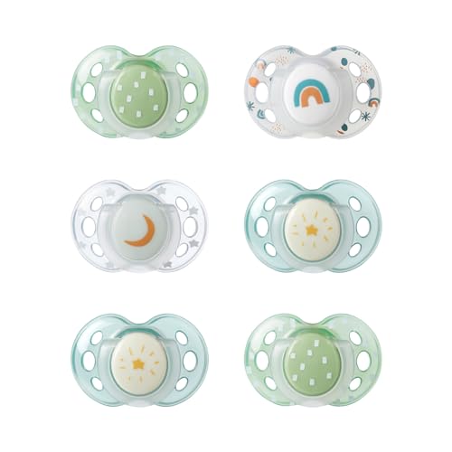 Tommee Tippee Night Schnuller, Symmetrische Kiefergerechte Form, BPA-freies Silikon, Im Dunkeln Leuchtender Griff, 18-36M, 6er-Set, mehrfarbig