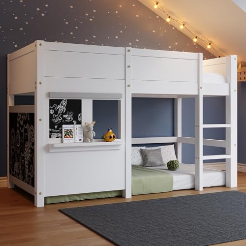 RIAZOS Kinderbett 90x200 cm, Hochbett mit Leiter, Etagenbett mit Wandtafel & Kleiner Ablage, Spielbett, Hausbett, Stockbett, Holzbett, Bettgestell, Jugendbett, Weiß