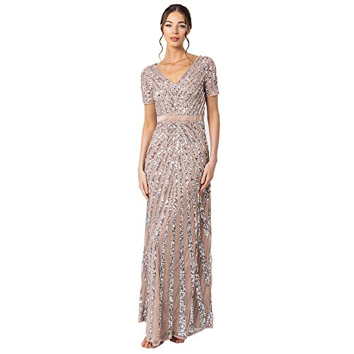 Maya Deluxe Damen Maxi Women's Embellished Sequin Long Short Sleeve V Neck High Empire Waist Cut Shiny Prom We Bridesmaid Dress, Taupe, 42 EU